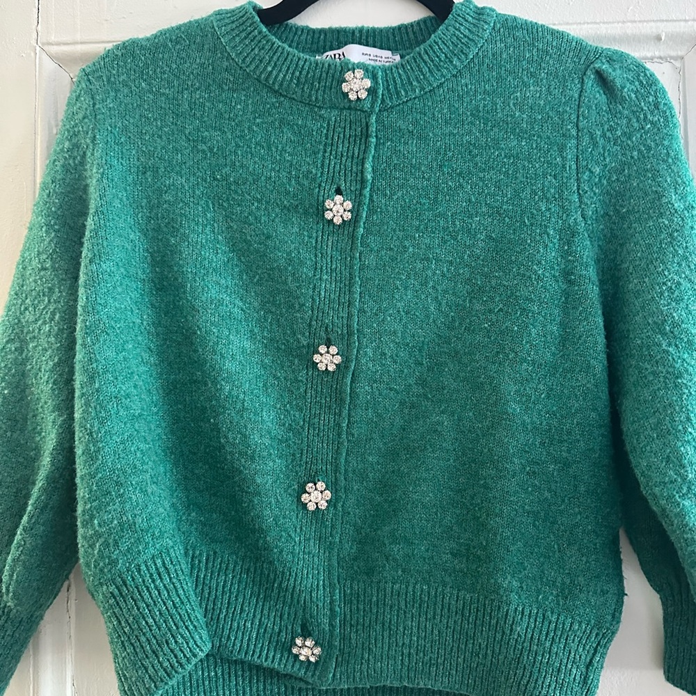 Zara Green Sweater Cardigan with flower gems - Picture 8 of 12